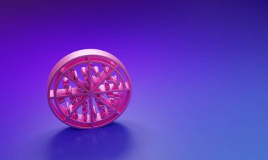 Mor-mavi arkaplanda izole edilmiş pembe pizza simgesi. Minimalizm kavramı. 3 Boyutlu resimleme.