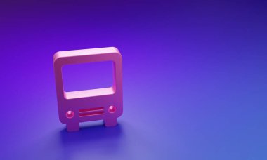 Mor-mavi arkaplanda izole edilmiş pembe otobüs simgesi. Ulaşım konsepti. Otobüs turu tabelası. Turizm ya da kamu aracı sembolü. Minimalizm kavramı. 3 Boyutlu resimleme.