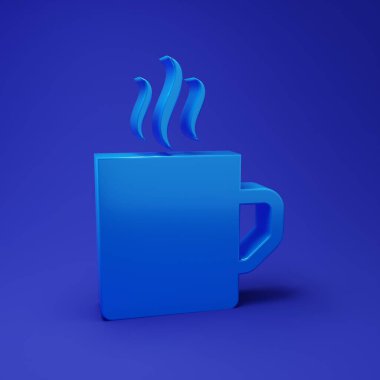 Mavi kahve fincanı ikonu mavi arkaplanda izole edilmiş. Çay fincanı. Sıcak içecek kahvesi. Minimalizm kavramı. 3 Boyutlu resimleme.