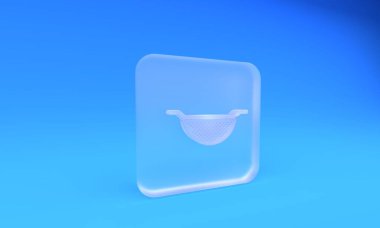 Buzlu cam mutfak süzgeci ikonu mavi arkaplanda izole edilmiş. Mutfak aletleri. Çatal bıçak seti. Kare buzlu cam düğme. 3 Boyutlu resimleme.