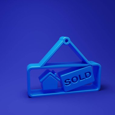 Mavi asma işareti mavi arkaplanda izole edilmiş metin simgesi satıldı. Çıkartma satıldı. Tabela satıldı. Minimalizm kavramı. 3 Boyutlu resimleme.