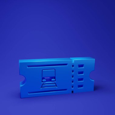 Mavi tren bileti ikonu mavi arka planda izole edildi. Demiryolu ile seyahat et. Minimalizm kavramı. 3 Boyutlu resimleme.