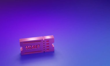 Mor-mavi arka planda izole edilmiş pembe bilet simgesi. Minimalizm kavramı. 3 Boyutlu resimleme.