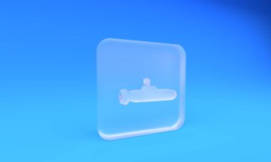 Mavi arka planda izole edilmiş buzlu cam denizaltı ikonu. Askeri gemi. Kare buzlu cam düğme. 3 Boyutlu resimleme.