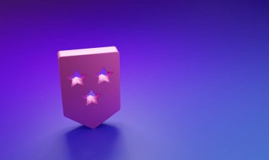 Mor-mavi arkaplanda izole edilmiş pembe sembol. Askeri rozet işareti. Minimalizm kavramı. 3 Boyutlu resimleme.