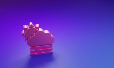 Pembe sis ve bulut, mor-mavi arka planda izole edilmiş güneş ikonu. Minimalizm kavramı. 3 Boyutlu resimleme.