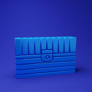 Mavi Antika hazine sandığı ikonu mavi arka planda izole edilmiş. Altın sikkeli klasik tahta sandık. Minimalizm kavramı. 3 Boyutlu resimleme.