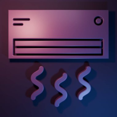 Mor Klima ikonu mor-mavi arka planda izole edilmiş. Sistemin havalandırmasını böl. Soğuk ve soğuk iklim kontrol sistemi. Minimalizm kavramı. 3 Boyutlu resimleme.