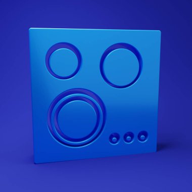 Mavi gaz soba ikonu mavi arkaplanda izole edildi. Mutfak tabelaları. Dört daire ocağı olan bir hob. Minimalizm kavramı. 3 Boyutlu resimleme.