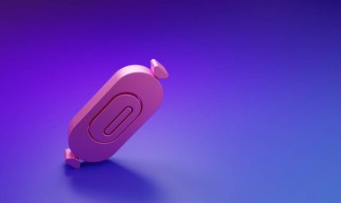 Mor-mavi arka planda izole edilmiş pembe salam sosis ikonu. Et şarküteri ürünü. Minimalizm kavramı. 3 Boyutlu resimleme.