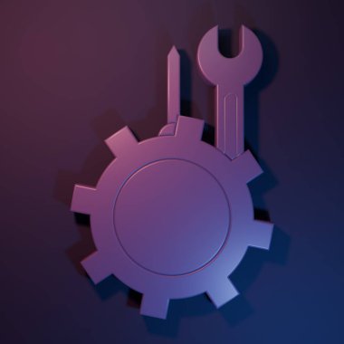 Mor Anahtarlı ve dişli ikonlu tornavida mor-mavi arka planda izole edilmiş. Ayarlama, servis, ayar, bakım, onarım, onarım. Minimalizm kavramı. 3 Boyutlu resimleme.