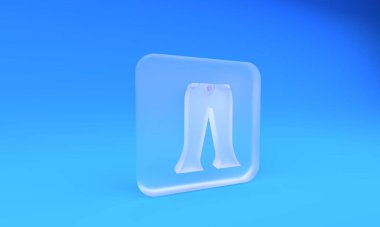 Mavi arka planda izole edilmiş buzlu cam pantolon ikonu. Kare buzlu cam düğme. 3 Boyutlu resimleme.