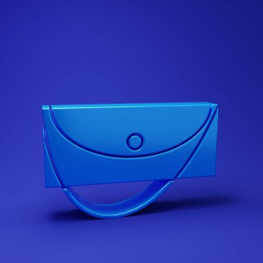 Mavi debriyaj çantası simgesi mavi arkaplanda izole edildi. Kadın el çantası. Minimalizm kavramı. 3 Boyutlu resimleme.