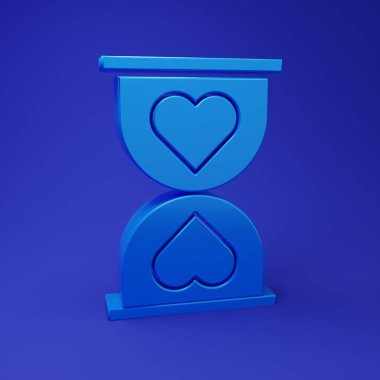 Ortadaki Mavi Kalp mavi arka planda izole edilmiş eski kum saati simgesi. Sevgililer Günü. Minimalizm kavramı. 3 Boyutlu resimleme.