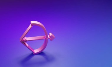 Mor-mavi arkaplanda pembe yay ve ok simgesi izole edildi. Aşk tanrısı sembolü. Aşk işareti. Sevgililer Günü konsepti. Minimalizm kavramı. 3 Boyutlu resimleme.