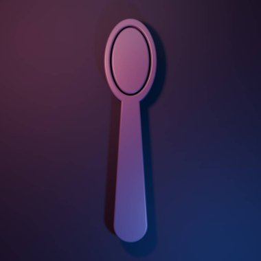 Mor renkli tek kullanımlık plastik kaşık ikonu, mor-mavi arka planda izole edilmiş. Minimalizm kavramı. 3 Boyutlu resimleme.