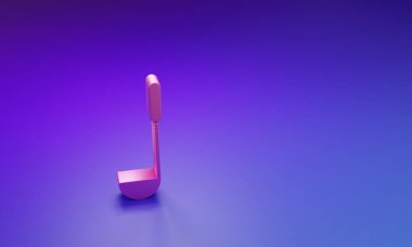 Pembe Mutfak kepçesi simgesi mor-mavi arkaplanda izole edilmiş. Mutfak aletleri. Çatal kaşık tabelası. Minimalizm kavramı. 3 Boyutlu resimleme.