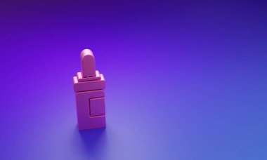 Mor-mavi arka planda pembe sakal ve bıyıklı yağ şişesi ikonu. Pipetli cam şişe. Minimalizm kavramı. 3 Boyutlu resimleme.