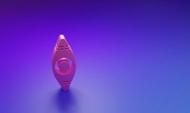 Mor-mavi arka planda pembe kano ve kürek ikonu izole edildi. Balıkçılık ve turizm için kano. Açık hava aktiviteleri. Minimalizm kavramı. 3 Boyutlu resimleme.