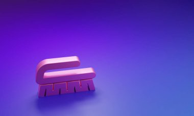 Mor-mavi arka planda izole edilmiş temizlik simgesi için pembe fırça. Temizlik hizmeti konsepti. Minimalizm kavramı. 3 Boyutlu resimleme.