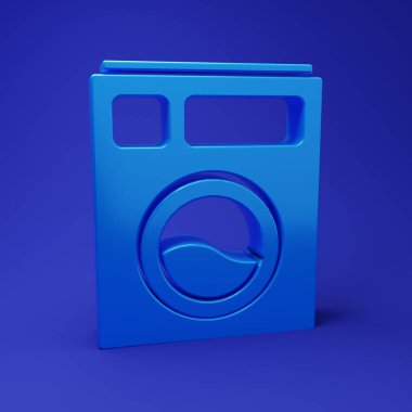Mavi Yıkama simgesi mavi arkaplanda izole edildi. Çamaşır makinesi simgesi. Çamaşır makinesi, çamaşır makinesi. Ev aletleri sembolü. Minimalizm kavramı. 3 Boyutlu resimleme.