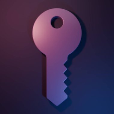 Mor Ev anahtar simgesi mor-mavi arka planda izole edildi. Minimalizm kavramı. 3 Boyutlu resimleme.