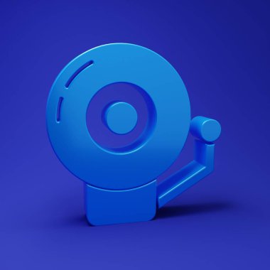 Mavi alarm zili simgesi mavi arkaplanda izole edildi. Alarm sembolü, servis zili, el zili işareti, uyarı sembolü. Minimalizm kavramı. 3 Boyutlu resimleme.
