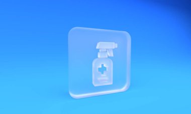 Buzlu cam şişe sıvı antibakteriyel sabun ve mavi arka planda izole edilmiş şeker ikonu. Antiseptik. Dezenfeksiyon, hijyen, cilt bakımı. Kare buzlu cam düğme. 3 Boyutlu resimleme.