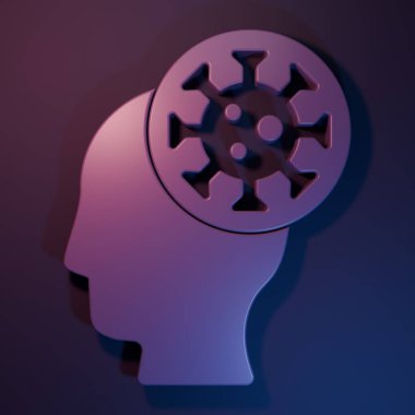 Mor insan ve virüs ikonu mor-mavi arka planda izole edilmiş. Corona virüsü 2019-nCoV. Bakteri ve mikroplar, hücre kanseri, mikrop, mantar. Minimalizm kavramı. 3 Boyutlu resimleme.