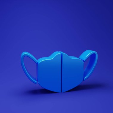 Mavi tıbbi maske ikonu mavi arka planda izole edildi. Minimalizm kavramı. 3 Boyutlu resimleme.