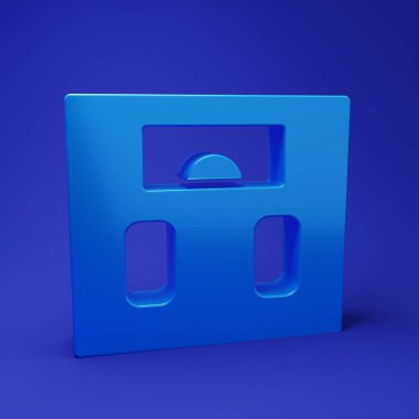 Mavi banyo ölçekli ikon mavi arka planda izole edildi. Ağırlık ölçme ekipmanı. Ağırlık ölçeği spor konsepti. Minimalizm kavramı. 3 Boyutlu resimleme.