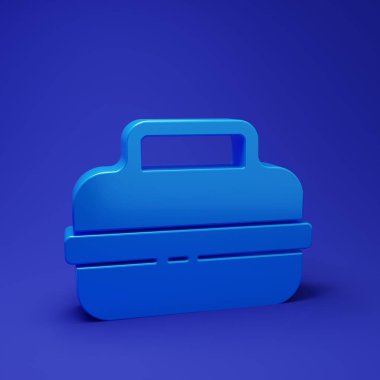 Mavi tencere ikonu mavi arkaplanda izole edilmiş. Haşlama ya da güveç besin sembolü. Minimalizm kavramı. 3 Boyutlu resimleme.