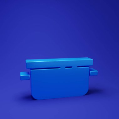 Mavi tencere ikonu mavi arkaplanda izole edilmiş. Haşlama ya da güveç besin sembolü. Minimalizm kavramı. 3 Boyutlu resimleme.