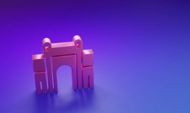 Yeni Delhi 'deki Pembe Hindistan Kapısı, mor-mavi arka planda izole edilmiş Hindistan simgesi. Hindistan 'ın Mumbai kapısı. Minimalizm kavramı. 3 Boyutlu resimleme.