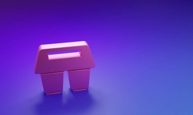 Pembe kahve fincanı mor-mavi arka planda izole edilmiş bir ikon haline gelecek. Minimalizm kavramı. 3 Boyutlu resimleme.