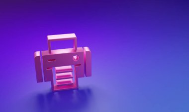 Mor-mavi arkaplanda izole edilmiş pembe yazıcı simgesi. Minimalizm kavramı. 3 Boyutlu resimleme.