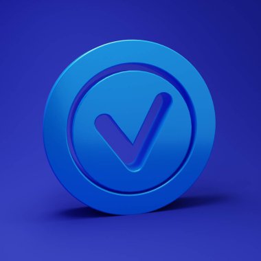 Mavi arka planda izole edilmiş yuvarlak simgede mavi onay işareti. Kontrol listesi düğmesi işareti. Minimalizm kavramı. 3 Boyutlu resimleme.
