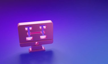 Mor-mavi arka planda izole edilmiş araba simgesinin pembe donanım tanılama durumu. Araba servisi ve tamir parçaları. Minimalizm kavramı. 3 Boyutlu resimleme.