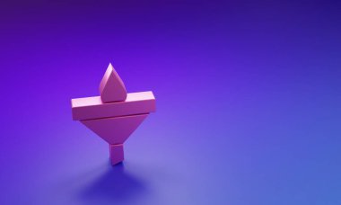 Mor-mavi arka planda izole edilmiş pembe huni veya filtre ve motor yağı damlası simgesi. Minimalizm kavramı. 3 Boyutlu resimleme.
