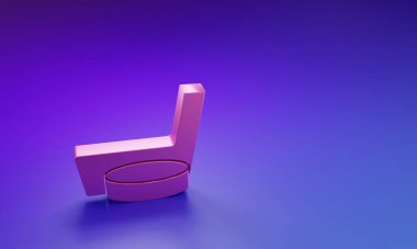 Mor-mavi arka planda pembe buz hokeyi sopası ve disk ikonu izole edilmiş. Minimalizm kavramı. 3 Boyutlu resimleme.