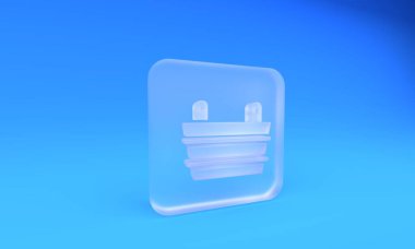 Mavi arka planda izole edilmiş buzlu cam sauna kovası ikonu. Kare buzlu cam düğme. 3 Boyutlu resimleme.