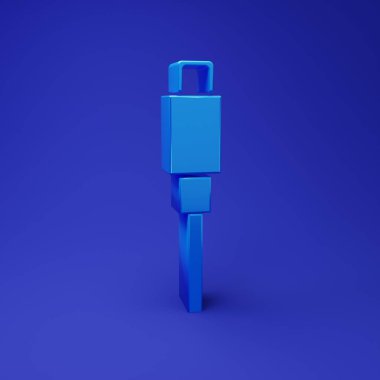 Mavi USB kablo ikonu mavi arkaplanda izole edildi. PC ve mobil cihazlar için bağlantı ve soketler. Minimalizm kavramı. 3 Boyutlu resimleme.