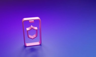 Pembe Akıllı Telefon, mor-mavi arka planda izole edilmiş güvenlik kalkanı simgesi olan cep telefonu. Güvenlik, güvenlik, koruma kavramı. Minimalizm kavramı. 3 Boyutlu resimleme.