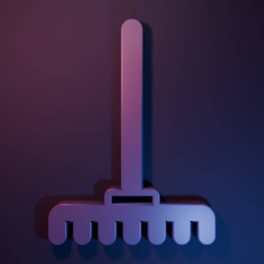 Mor bahçedeki tırmık simgesi mor-mavi arkaplanda izole edilmiş. Bahçecilik, tarım, çiftçilik aleti. Toprak işçisi. Temizlik ekipmanları. Minimalizm kavramı. 3 Boyutlu resimleme.