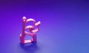 Pembe El, mor-mavi arkaplanda izole edilmiş bayrak ikonu tutuyor. Zafer, kazanmak ve zorluk konseptini fethetmek. Minimalizm kavramı. 3 Boyutlu resimleme.