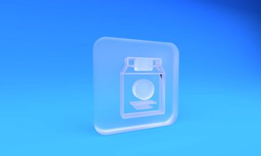 Çevrimiçi buzlu cam siparişi ve fast food dağıtım ikonu mavi arka planda izole edildi. Kare buzlu cam düğme. 3 Boyutlu resimleme.