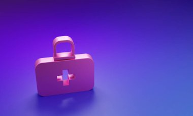 Mor-mavi arka planda izole edilmiş pembe ilk yardım seti simgesi. Haçlı sağlık kutusu. Acil durumlar için tıbbi ekipman. Sağlık sigortası konsepti. Minimalizm kavramı. 3 Boyutlu resimleme.