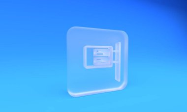 Buzlu cam toplu taşıma tahtası simgesi mavi arka planda izole edildi. Mekanik skor tabelası. Trendeki billboarddaki uçuş bilgileri. Kare buzlu cam düğme. 3 Boyutlu resimleme.