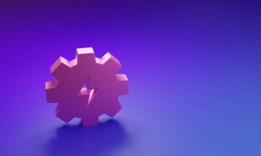 Mor-mavi arka planda izole edilmiş pembe dişli ve şimşek simgesi. Elektrik gücü. Şimşek işareti. Minimalizm kavramı. 3 Boyutlu resimleme.