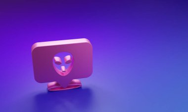 Mor-mavi arkaplanda izole edilmiş pembe uzaylı simgesi. Uzaylı yüzü ya da kafa sembolü. Minimalizm kavramı. 3 Boyutlu resimleme.
